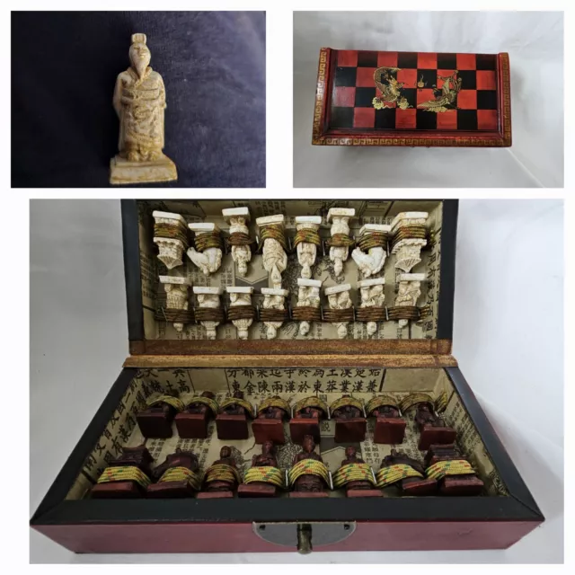 Chinesisches Schach-Spiel Vintage Brettspiel 32 antike Figuren Terracotta in...