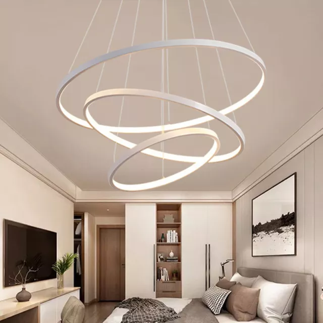 Modern 2/3 Ring Chandelier LED Ceiling Light White/Dimmable Pendant Hanging Lamp