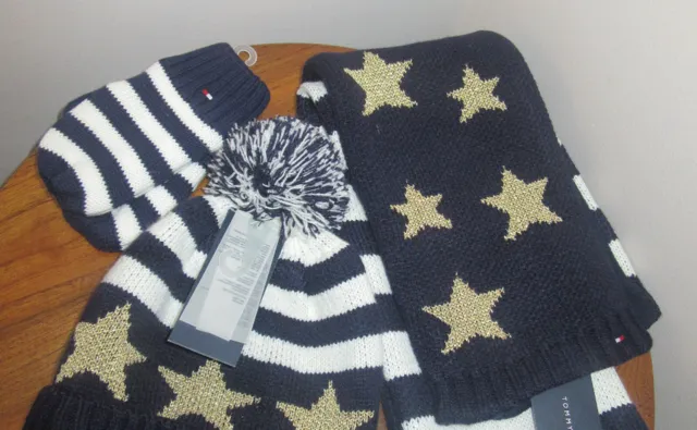 Tommy Hilfiger Girls Hat, Scarf & Mittens Combo Striped Stars Size 2-3 Years
