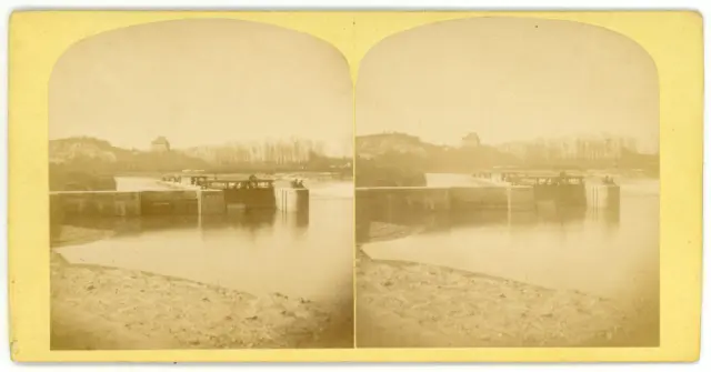 Stereo, France, Riverfront Landscape to Identify, Lock, circa 1880 Vint