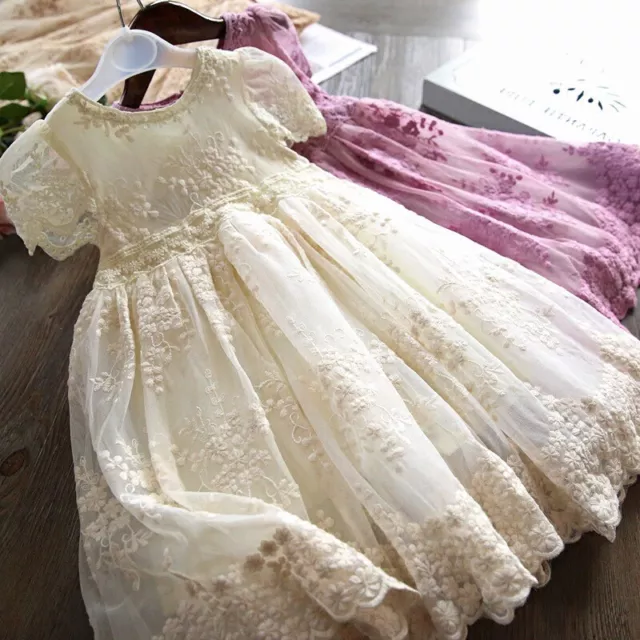Childrens Kids Girls Elegant Formal Vintage Style Flower Embroidered Dress Gown