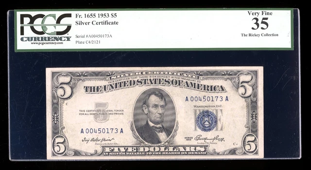 DBR $5 1953 Silver Fr. 1655 AA Block PCGS 35 Serial A00450173A