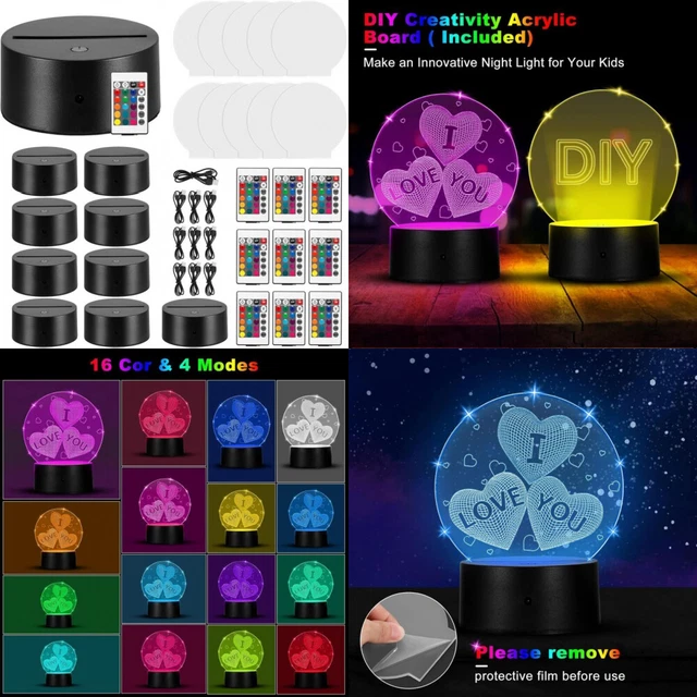 ONEVER 3D Night Base per lampada a LED, base LED a Con 10 Fogli Acrilici Neri