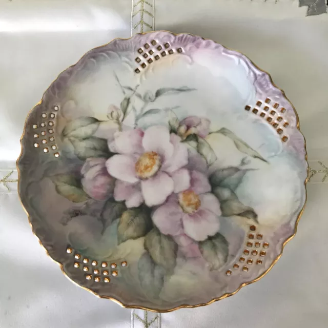 Vintage hand painted pierced porcelain floral plate by Di Teasdale - preloved