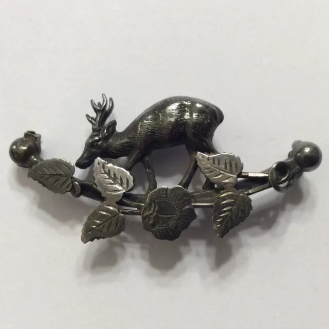 ANTIQUE c.1895 VICTORIAN STERLING SILVER DEER PIN BROOCH FLORAL 1 5/8” 3-D