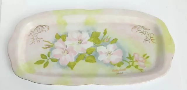 Vintage Hand Painted Floral Porcelain Dresser Tray Light Pink Green & Gold