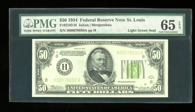 DBR 1934 $50 LGS FRN St. Louis Gem Fr. 2102-Hlgs PMG 65 EPQ Serial H00078650A