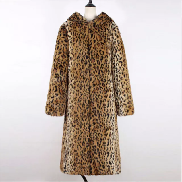 Womens Long Fur Trim Coat Faux Fur Parka Hooded Winter Overcoat Leopard Printed