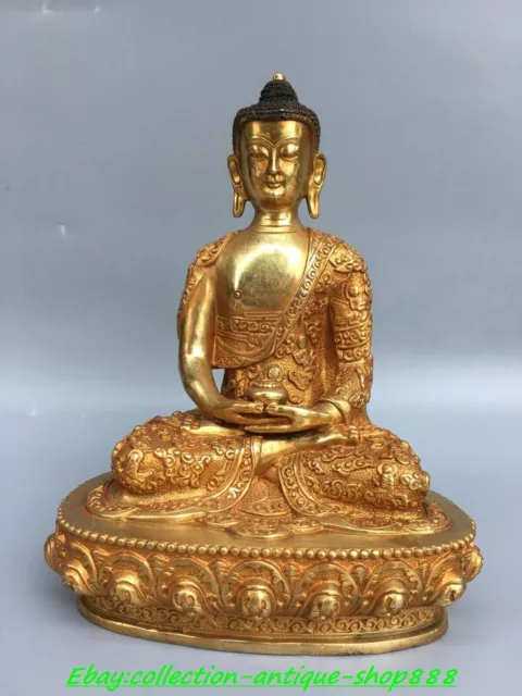 Tibet Bronze Gilt Shakyamuni Amitabha Buddha Sakyamuni Buddhism Lotus Statue