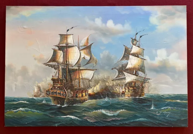 J. Harvey Oil on Canvas Painting •  19th Century French Warship Battling • LARGE