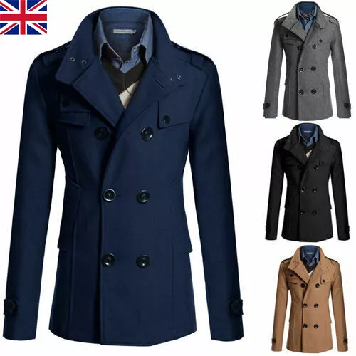 Mens Winter Trench Coat Double Breasted Warm Tops Jacket Formal Overcoat Outwear