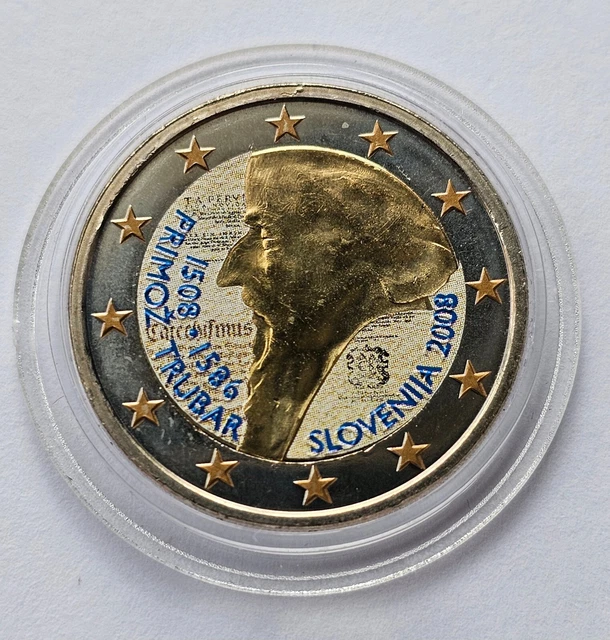 Pièce de 2 euro Slovenie 2008 P. Trubar colorée, Slovenija, Slowenien, colour