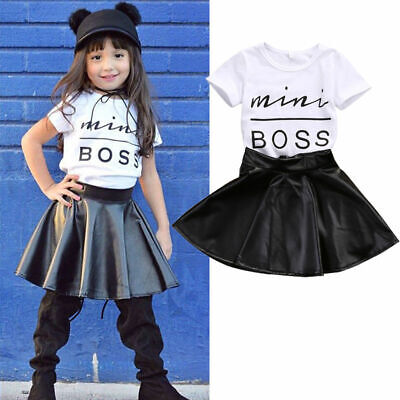 Toddler Baby Girls Outfits Print Short Sleeve Tops PU Dress Skirt Clothes Set