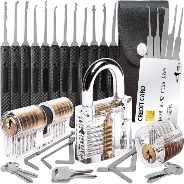 30-teiliges Lockpicking Set mit 3 Transparenten Übungsschlössern + Dietrich-Set