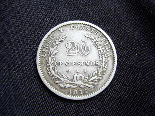 Uruguay 1877 A 20 Centesimos, .900  Silver Coin.