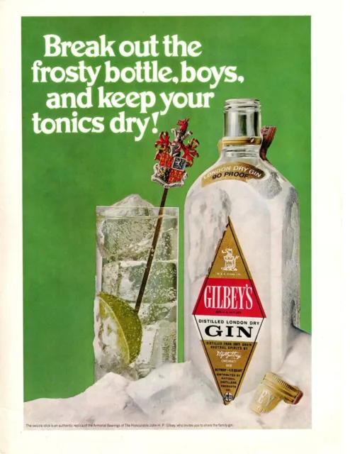 1968 Gilbey's London Dry Gin Armorial Bearings Crest Swizzle Stick Print Ad