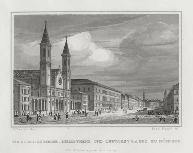 München (Ludwigsstraße/Staatsbibliothek): Stahlstich von Rauch/Bayerer, ca. 1845