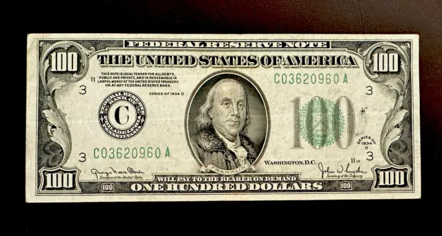 1934 D $100 Dollar Philadelphia Federal Reserve Green Seal Note