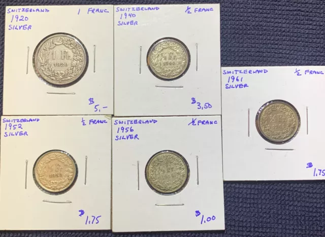 5 Switzerland Silver Coins - 1920 1 Franc & 4x 1/2 Franc 1940, 1952, 1956 & 1961