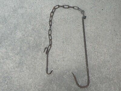 LARGE LONG 19thC HAND FORGED WROUGHT IRON HANGING TRAMMEL CHAIN HEARTH POT HOOK