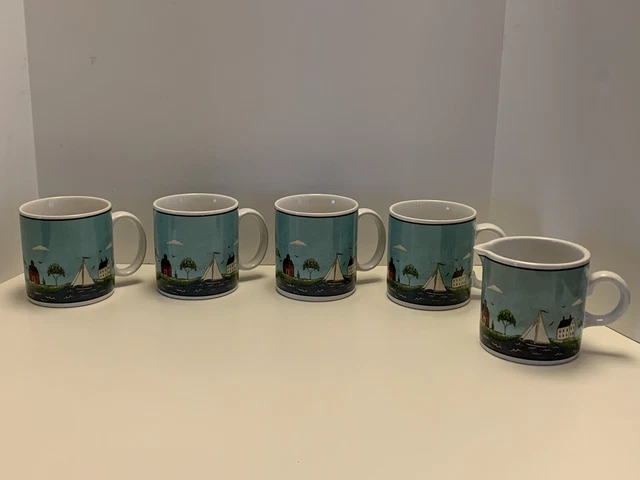 Vtg. 1998 Warren Kimble Coastal Breeze (4) Lighthouse 12 oz. Mugs & Creamer Vtg. 1998 Warren Kimble Coastal Breeze (4) Lighthouse 12 oz. Mugs & Creamer