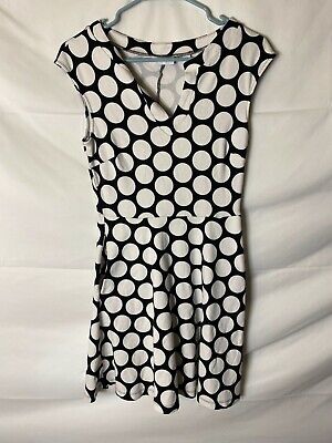 New York Company Womens Size Xs Fit Flare Polka Dot Dress Black White Midi