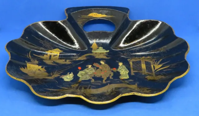 Chinese black lacquered vintage Victorian antique chinoiserie crumb tray dish 2