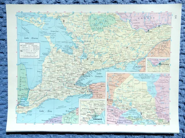 1961 ONTARIO CANADA Atlas Map, vintage Time Life Rand McNally Atlas, full color
