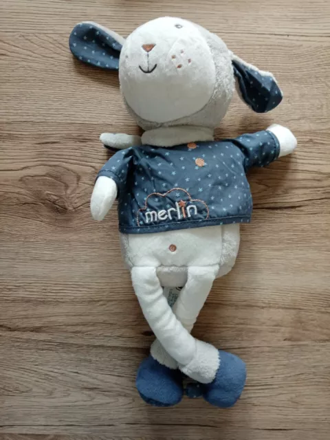 Doudou Agneau mouton Sauthon Merlin bleu blanc 40cm sans gilet