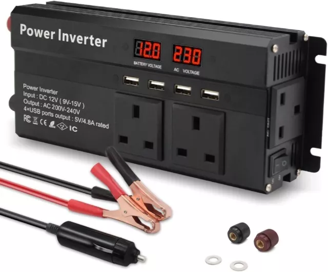 Cantonape Power Inverter 2000W (peak) DC 12V to 230V 240V AC Car Converter USB