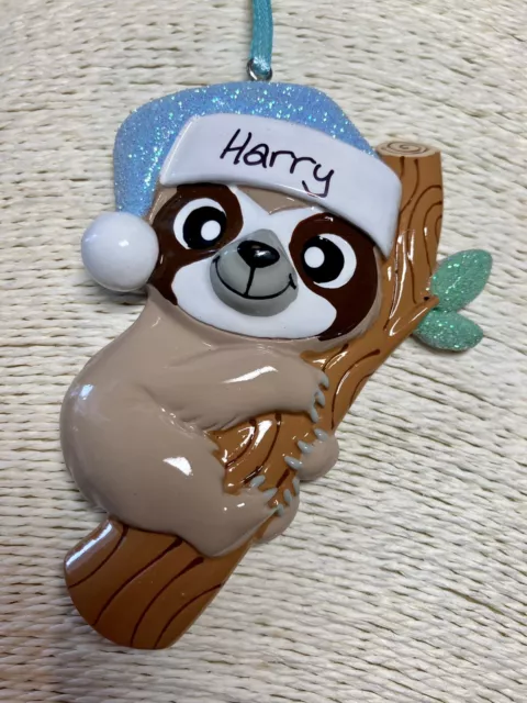 Personalised Sloth Christmas Tree Decoration Hanging Bauble Blue Glitter