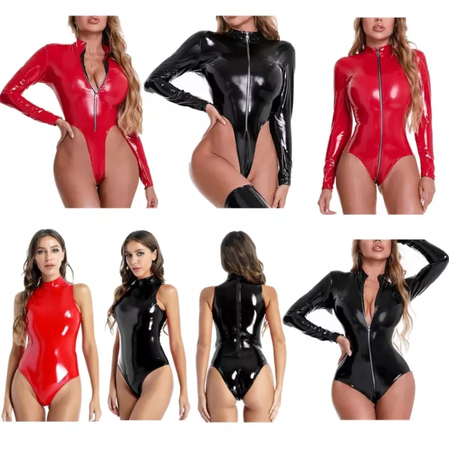 Damen Wetlook Lackleder Bodysuit Reißverschluss Catsuit Leotard Thong Clubwear