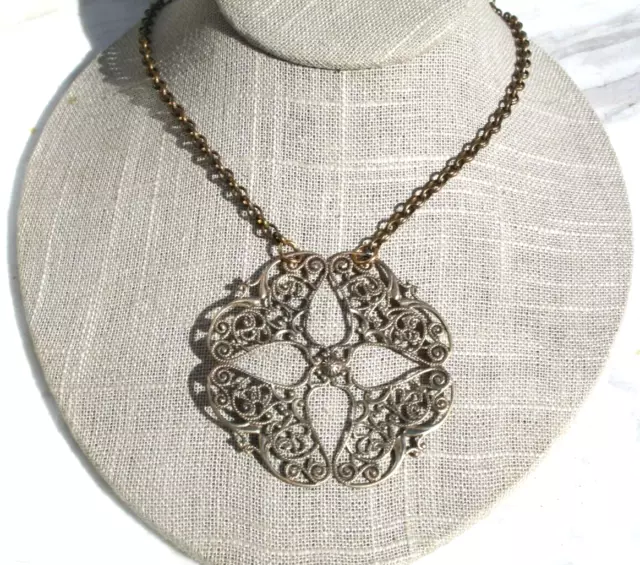 Vintage Necklace Art Nouveau Pendant Die Cast Brass Round Ornate Pierced