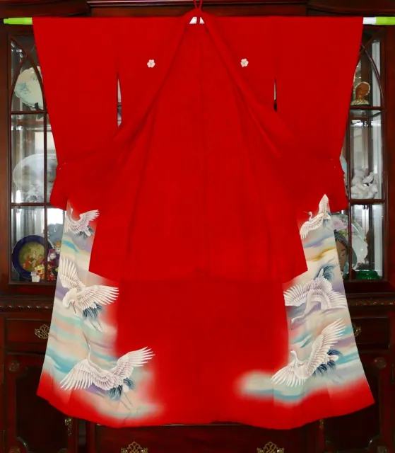 Meiji Japanese 色留袖 IRO TOMESODE Five 家紋 Kamon-Crest Red Formal Cranes Kimono