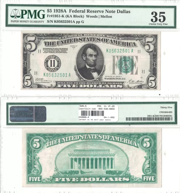 1928-A  $5 Dallas District FRN Fr 1951-K PMG Choice Very Fine-35
