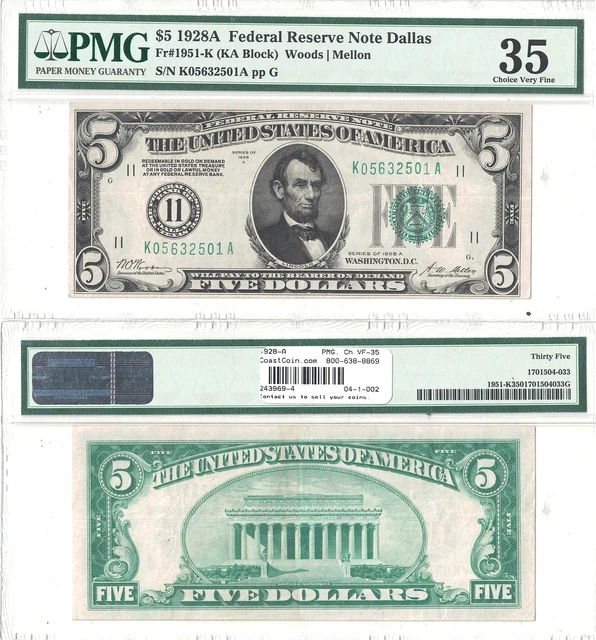 1928-A  $5 Dallas District FRN Fr 1951-K PMG Choice Very Fine-35