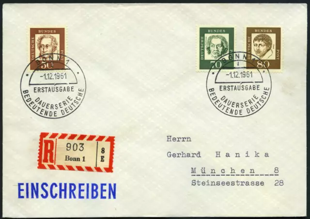 Bund 1961 "Bedeut. Deutsche" Zehnerblock mit Oberrand auf Eil-FDC, MiNr 350x