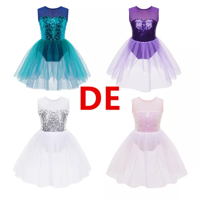 DE Kinder Mädchen Ballettkleid Ballettkleidung Balletttrikot mit Tütü Pailletten