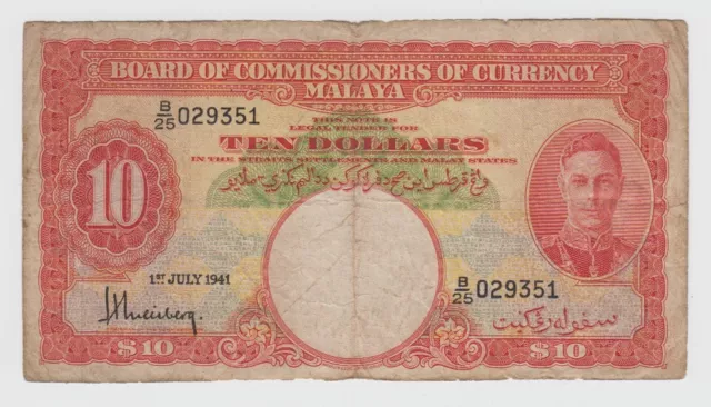 Malaya Straits Settlements 10 Dollar 1941 P13 King George VI Fine Grade Prefix B