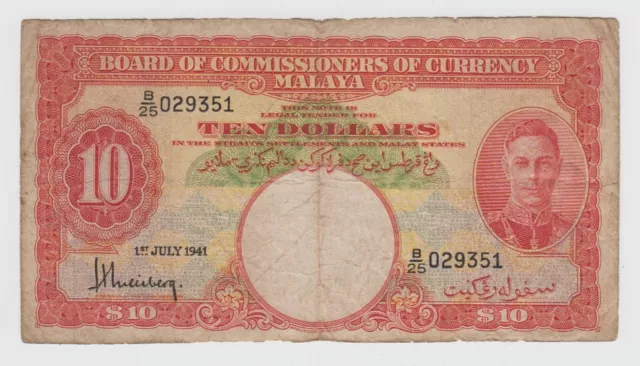 Malaya Straits Settlements 10 Dollar 1941 P13 King George VI Fine Grade Prefix B Malaya Straits Settlements 10 Dollar 1941 P13 King George VI Fine Grade Prefix B