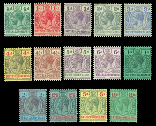 British SOLOMON ISLANDS 1922-31  KGV set  ½p - 10sh   Scott # 43-56  mint MH