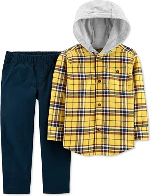 Carters Baby Boy 2 Piece Button Front Flannel Hooded Top & Canvas Pant Set 18 Mo