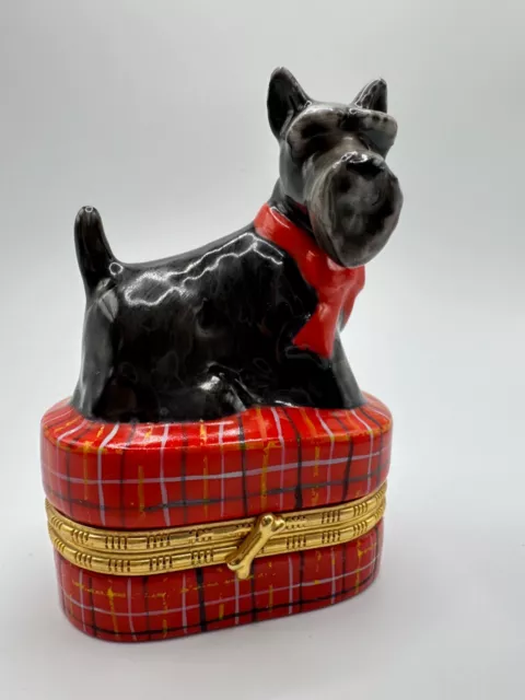 Scottish Terrier Porcelain Tartan Plaid Trinket Box Brass Hinge & Trim by RGA 4”