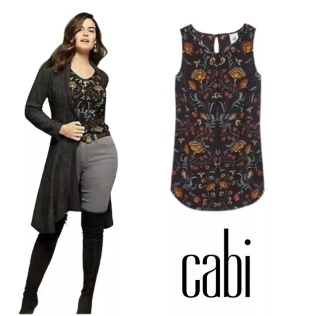 Cabi #3621 Size Medium Legend Blouse Black Sleeveless Top Womens Folklore Print