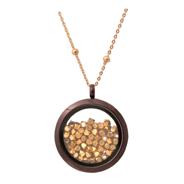 Ciondolo Galleggiante Medaglione Collana Con Oro Tono Ottone Perline Nero Telaio