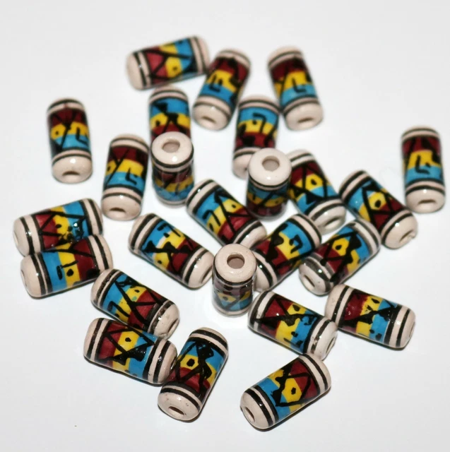 20 Keramik Perlen, 14 mm, Walze Zylinder blau braun, Inka Indianer Schmuck Perle