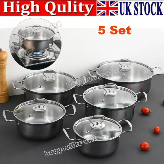 5Pcs Stainless Steel Cookware Hob Stockpot Pot Casserole Set With Glass Lids