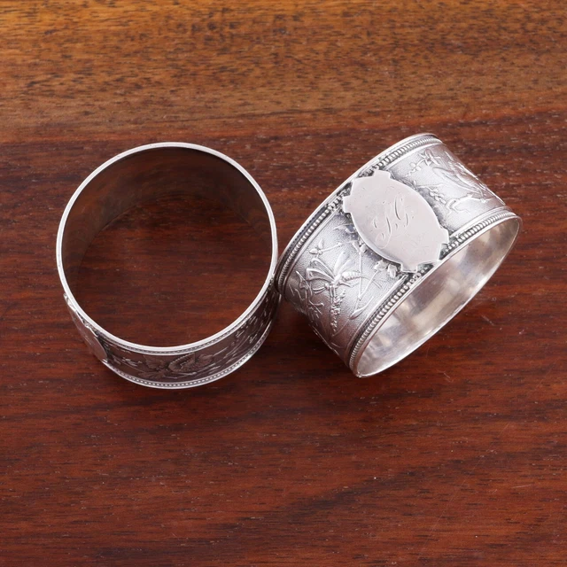 2 Heavy Aesthetic Sterling Silver Napkin Rings Birds Dragonfly Japanesque