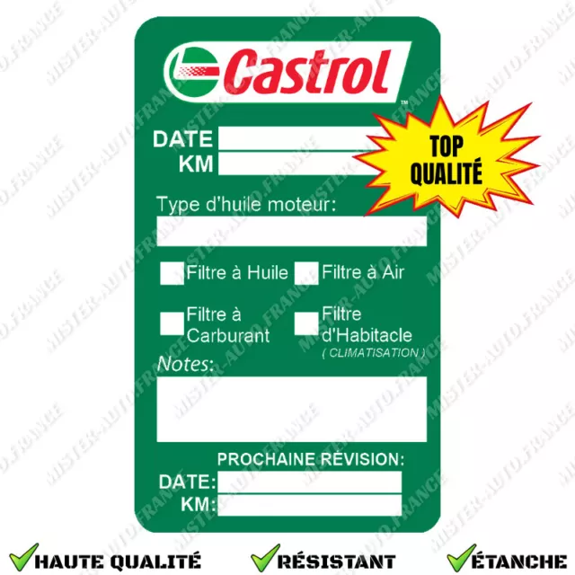 Autocollant Entretien Voiture Castrol Changement Huile Filtre Étiquette Etanche