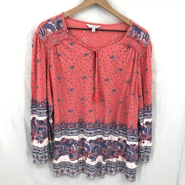 Lucky Brand tie neck long sleeved pullover blouse tapestry boho pink floral XL